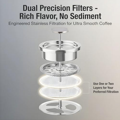 Travel French Press Coffee Maker Set - 12 oz | Portable Travel French Press Coffee Maker | Double Wall Insulated with Dual Stainless Filters & 2 Steel Canisters for Grounds, Tea, Creamer & Sugar
