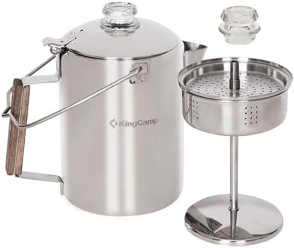 KingCamp Percolator Coffee Pot,304 Stainless Steel with Wood Handle,9 Cup