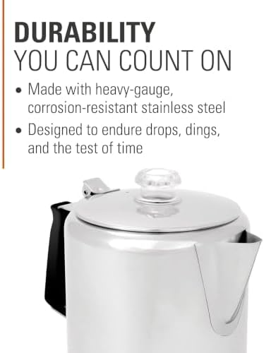 GSI Outdoors Percolator Coffee Pot I Glacier Stainless Steel with Silicone Handle for Camping, Backpacking, Travel, RV & Hunting - Stove Safe