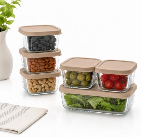 Glass Food Storage Containers with Lids - 12 Piece - 3 x 10.5 oz, 1 x 26.5 oz & 2 x 40.57 oz Glass with BPA-Free Leak Resistant Stackable Lids - Microwave, Oven & Dishwasher Safe - Cashew Cream