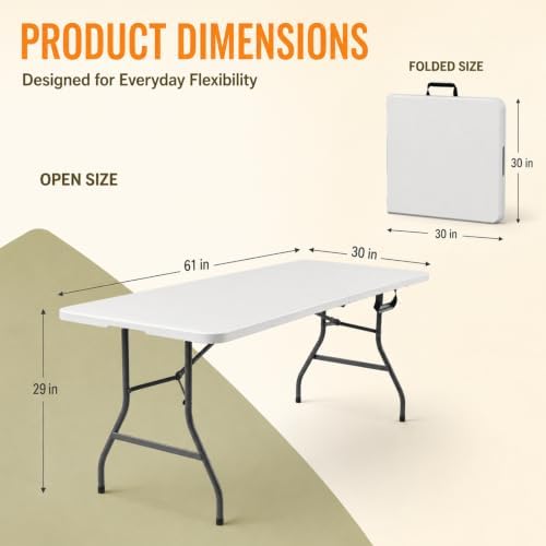Folding Table, 5FT Portable Fold-in-Half Plastic Picnic Table, Heavy Duty Foldable Table with Carrying Handle, Ideal for Party, Camping, Craft, Dining, Wedding, Outdoor and Indoor Use