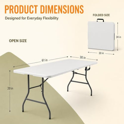 Folding Table, 5FT Portable Fold-in-Half Plastic Picnic Table, Heavy Duty Foldable Table with Carrying Handle, Ideal for Party, Camping, Craft, Dining, Wedding, Outdoor and Indoor Use