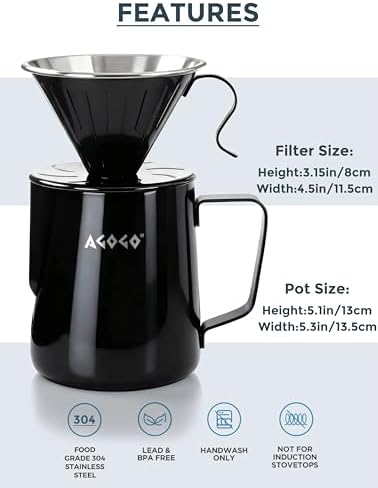 AGOGO Stainless Pour Over Coffee Maker Set, 50 Paper Filters, 30oz, Black
