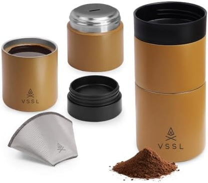 VSSL - Nest Pour Over Coffee Set | Coffee Maker for Camping | All-In-One Travel Pour Over | Transportable Dripper, 10oz Stainless Steel Travel Mug | Compact Storage & Adventure Ready | Sahara