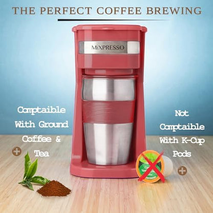 Mixpresso Single Serve & Single Cup Coffee Maker with 14oz Travel Mug Red
