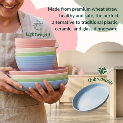Homienly Wheat Straw Dinnerware Sets 20 PCS Plates and Bowls Sets Microwave and Dishwasher Safe Dish Set Unbreakable Camping Dish Set Cups and Plates Sets for Kitchen, Picnic, RV (Multilight)
