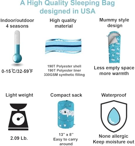 KidzAdventure Mummy Style 32 – 59F Kids Sleeping Bag with Pillow Sleeve, 4 Season, Lightweight and Backpacking Style, Ideal for Camping, Sleepover, Boys, Girls, and Youth