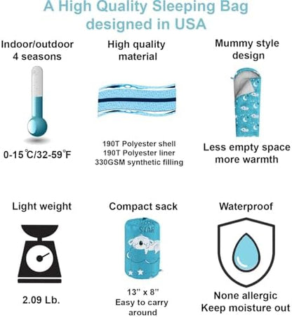 KidzAdventure Mummy Style 32 – 59F Kids Sleeping Bag with Pillow Sleeve, 4 Season, Lightweight and Backpacking Style, Ideal for Camping, Sleepover, Boys, Girls, and Youth