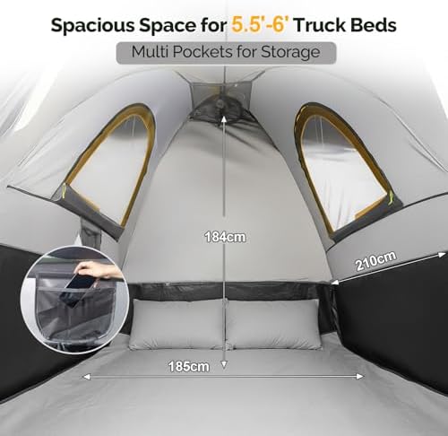 TUFFIOM 5.5-6ft Pickup Truck Tent for Camping, Truck Bed Tent with Reinforcement Fiberglass Poles, PU2000mm Waterproof and Rainfly for 2 People, Easy Set Up, Good Ventilation, Yellow