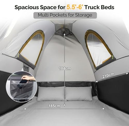 TUFFIOM 5.5-6ft Pickup Truck Tent for Camping, Truck Bed Tent with Reinforcement Fiberglass Poles, PU2000mm Waterproof and Rainfly for 2 People, Easy Set Up, Good Ventilation, Yellow