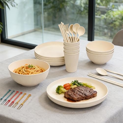 Pomya Unbreakable Dinnerware Set for 4 People - 44-Piece Reusable Plates, Bowls, Cups & Cutlery, Dishwasher & Microwave Safe for Travel, Camping, Picnic, Home
