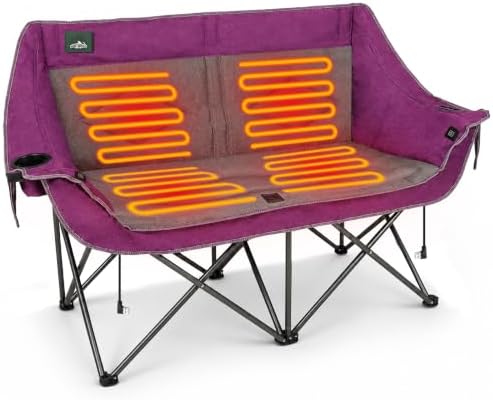 Northroad Heated Folding Loveseat Camping Chair Portable Double Duo Full Padded Garden Chair for 2 Person w/2 Cup Holder,Wine Glass Holder,Mesh Storage (Battery NOT Included)