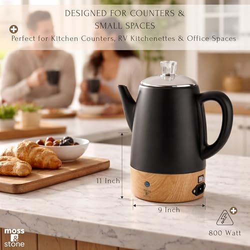 Moss & Stone 10 Cup Black Electric Percolator Coffee Pot, Stainless Steel