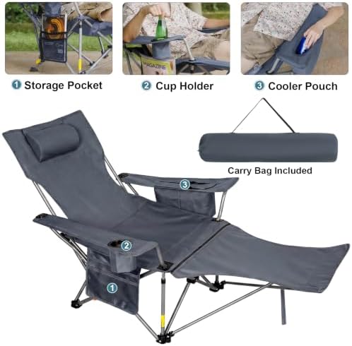 Romswi 2 Pack Reclining Camping Chairs with Removable Footrests, 4-Position Adjustable Lounge Chairs, 300 LBS Heavy Duty Folding Chairs with Cooler Bag, Cup Holder & Carry Bag, Grey