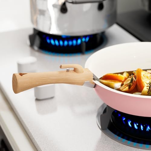 ShanSon 6 Pieces Kitchen Non-Stick Cookware Sets with Removable Handle, Stackable Pots and Pans Set Nonstick for Induction Gas RVs Camping Space Saving，Pink