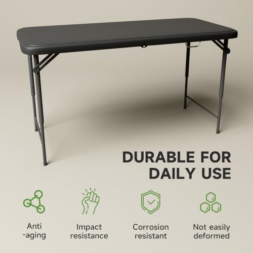 4FT Folding Table, 3 Adjustable Height & Heavy Duty, Double-Layer HDPE with Steel Legs, Foldable Table for Camping, Parties, Picnics, Black, 2 Pack