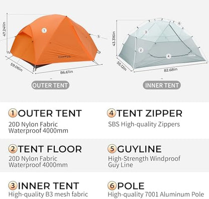 CANTUO 2/3 Person Tent Backpacking Tent with Footprint Ultralight 20D Nylon 4000mm Waterproof & Windproof Two Person Tent