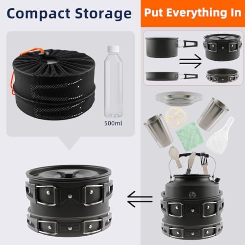 Camping Cookware Set 17 pcs Camping Cooking 0.30G Kettle 0.45G Pot 7 in Pan and 2pcs Stainless Steel Cups Plates Forks Knives Spoons Bag for 1-2 People Backpacking Hiking Picnic