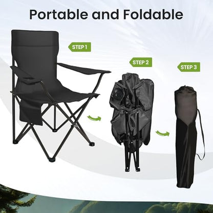 SUWT 2 Pack Portable Folding Camping Chair, Outdoor Chair with Cup Holder & Side Pocket, Durable Oxford Cloth & Steel Frame for Camping, Hiking, Picnic, Beach (Black)