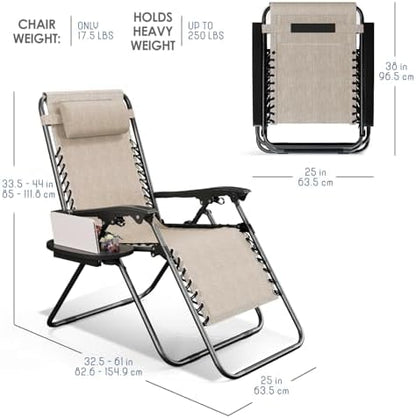 Nestl Zero Gravity Chairs, Portable Patio Lounge Chair Outdoor with Pillows & Cup Holder Trays, Adjustable Steel Mesh Reclining Camping Chair, Folding Patio Lawn Chair for Deck, Beach, Yard - Beige