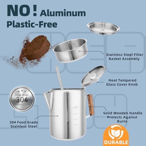 MEREZA Camping Percolator Coffee Pot 12 Cup Stove Top Coffee Percolator Non Electric Coffee Maker Camping Stainless Steel Coffee Pot Outdoors Home No Aluminum & Plastic Fast Brew
