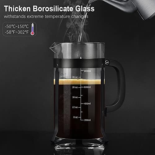 QUQIYSO French Press 34oz, Stainless Steel and Thickened Glass Coffee Maker