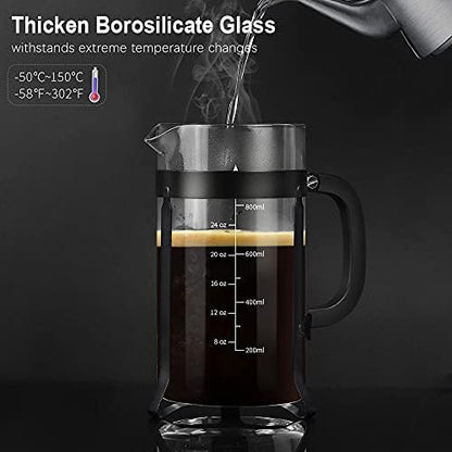QUQIYSO French Press 34oz, Stainless Steel and Thickened Glass Coffee Maker
