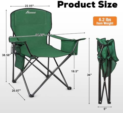 Camping Chairs for Adults, 2 Pack Heavy Duty Folding Chair with 4-Can Cooler Bag, Portable Outdoor Chair with Cup Holder, Collapsible for Tailgating, Beach, Fishing, Green