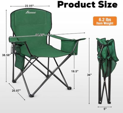 Camping Chairs for Adults, 2 Pack Heavy Duty Folding Chair with 4-Can Cooler Bag, Portable Outdoor Chair with Cup Holder, Collapsible for Tailgating, Beach, Fishing, Green