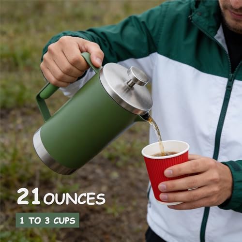 Stainless Steel French Press Coffee Maker 21OZ, 600ml Coffee Press Tea Press for Personal, Office, Travel,Camping (Green, 1-3 Cups)