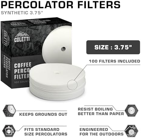 COLETTI Percolator Coffee Filters — Disc Coffee Filters For Percolators – For Bozeman, Butte, & Scoutmaster Camping Coffee Pot – Medical Grade Fiber, Perfectly Tasteless [100 pack, Synthetic, 3.75”]
