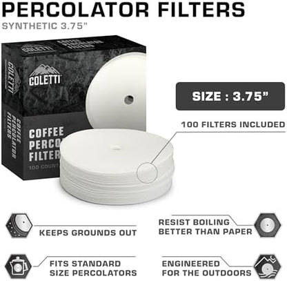COLETTI Percolator Coffee Filters — Disc Coffee Filters For Percolators – For Bozeman, Butte, & Scoutmaster Camping Coffee Pot – Medical Grade Fiber, Perfectly Tasteless [100 pack, Synthetic, 3.75”]