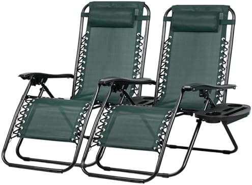 Nazhura Set of 2 Relaxing Recliners Patio Chairs Adjustable Steel Mesh Zero Gravity Lounge Chair Beach Chairs with Pillow and Cup Holder (Dark Green)