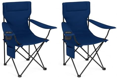 SUWT 2 Pack Portable Folding Camping Chair, Outdoor Chair with Cup Holder & Side Pocket, Durable Oxford Cloth & Steel Frame for Camping, Hiking, Picnic, Beach (Navy Blue)