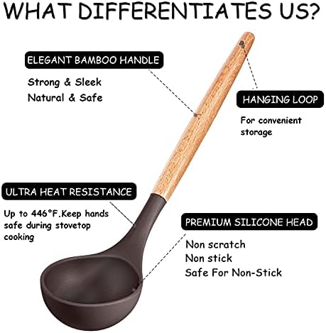 MIBOTE Silicone Cooking Kitchen Utensils Set, Wooden Handle, Coffee