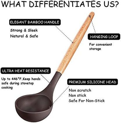 MIBOTE Silicone Cooking Kitchen Utensils Set, Wooden Handle, Coffee