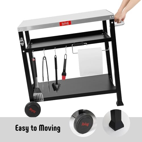 Feasto 3-Shelf Pizza Oven Table, Outdoor Grill Cart, 33.5" x 21.7", Black