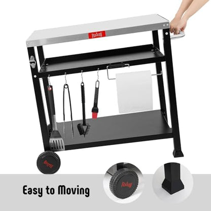 Feasto 3-Shelf Pizza Oven Table, Outdoor Grill Cart, 33.5" x 21.7", Black
