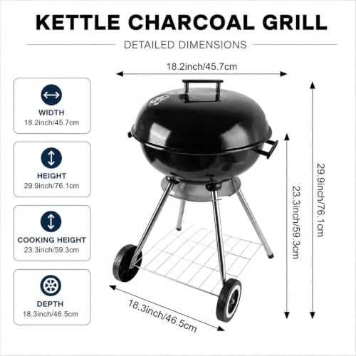 18-inch Charcoal Grill Kettle grill: Black Portable grill with stainless steel grilling net - backyard barbecue party grill (18inch)