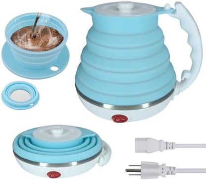 Travel Kettle Electric Foldable, Portable Electric Kettle, Collapsible Kettle Silicone + Paperless Collapsible Coffee Dripper, Travel Pour Over Coffee Maker 1 Cup (Blue)