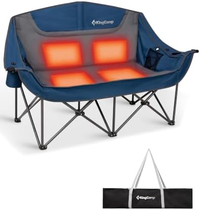 KingCamp Heated Double Camping Chair, Oversized 880lbs Heavy Duty Loveseat for Adults Portable Folding XL 2 Person Couch Padded Comfortable with 3 Heat Levels for Outdoor Sports Lawn, Blue/Grey