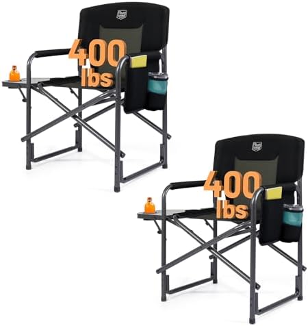 TIMBER RIDGE Aluminum Oversized Camping Chair, Lightweight Portable Directors Chair with Side Table Detachable Side Pocket for Outdoor Camping, Lawn, Picnic, Support 400lbs Black 2 Pack