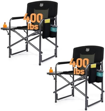 TIMBER RIDGE Aluminum Oversized Camping Chair, Lightweight Portable Directors Chair with Side Table Detachable Side Pocket for Outdoor Camping, Lawn, Picnic, Support 400lbs Black 2 Pack