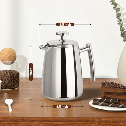 Secura French Press Coffee Maker, 17-Ounce, 304 Stainless Steel Insulated Coffee Press with Extra Screen