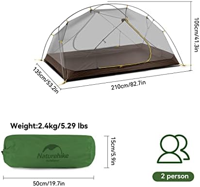Naturehike Mongar 2-Person 3-Season Backpacking Tent Lightweight Waterproof Double Layer Easy Setup Camping Hiking Tent with Footprint