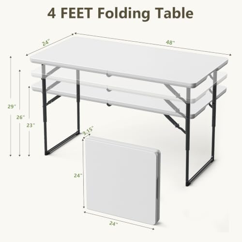 Folding Table, 4 FT Foldable Plastic Table with Adjustable Height, Heavy Duty Fold in Half Utility Table, Portable Picnic Table for Camping, Parties, RV Travel, Banquet