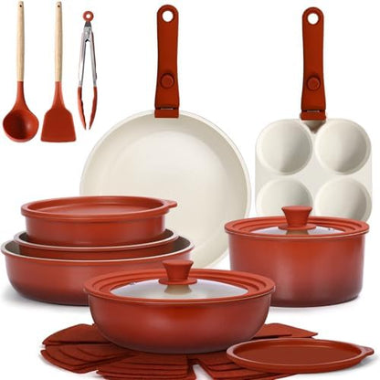 GIPP Pots and Pans Set Non Stick,Kitchen Cookware Set Detachable Handle, Non Toxic Cooking Pan Set with Frying Pans Set,RV Cookware Sets for All Stoves, Red Black Gradient, 21PCS