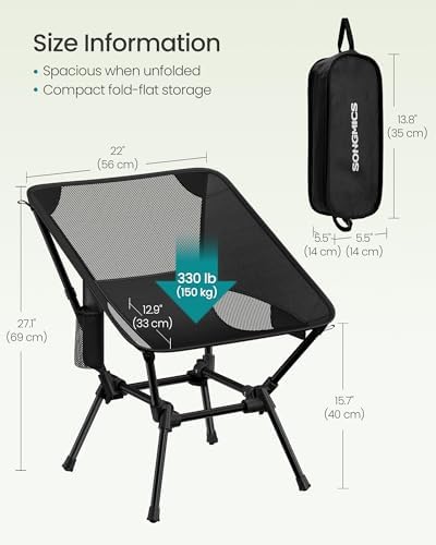 SONGMICS Camping Chair, Steel Frame, Supports 330.7 lb, 2 Storage Pockets