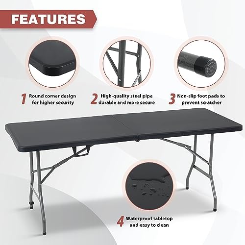 FDW | 6FT Folding Table | Black | Portable Plastic Table