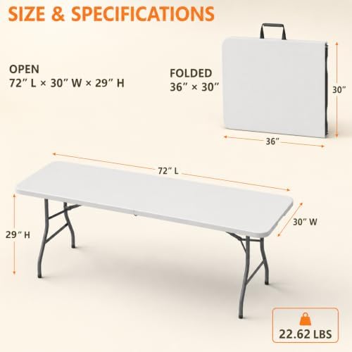 Folding Table, 6FT Portable Fold-in-Half Plastic Picnic Table, Heavy Duty Foldable Table with Carrying Handle, Ideal for Party, Camping, Craft, Dining, Wedding, Outdoor and Indoor Use, 2 Pack